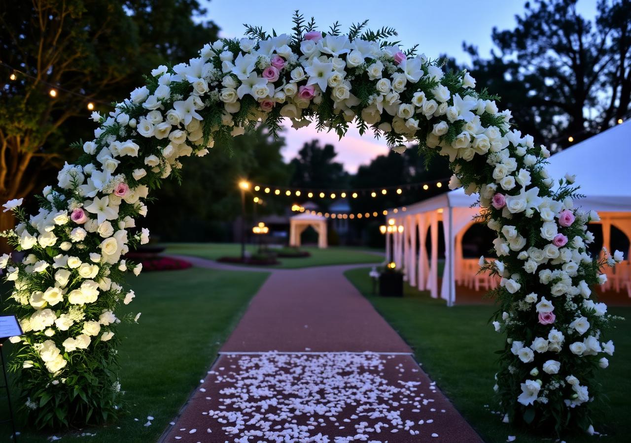 Welcome arch and petal aisle, garden venue