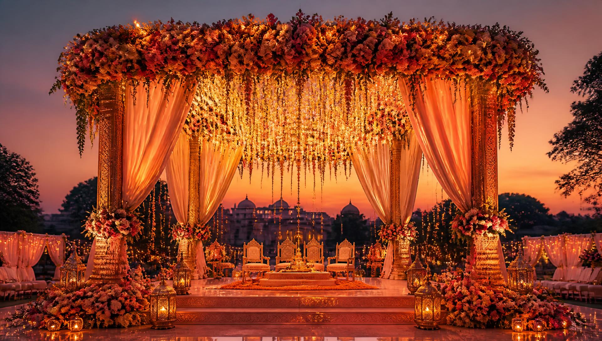 Illuminated floral wedding mandap at dusk